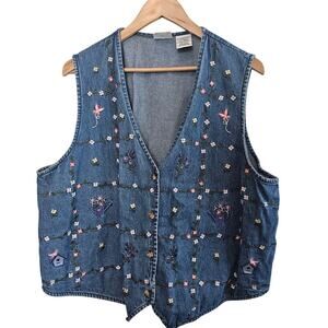 Vintage Denim Vest Womens 18W/20W Blue Floral 90s Butterfly Flower Pot Cottage